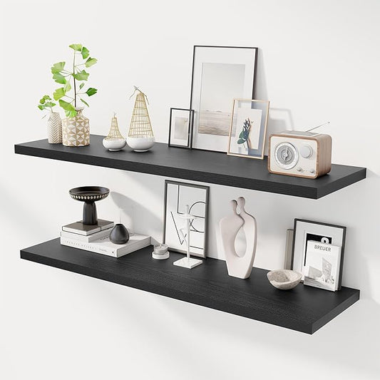 48" Floating Shelves for Wall, 12" Deep Slim Black Floating Shelves, Wall-Mounted Shelves for Bedroom, Living Room, Kitchen, Bathroom - Set of 2