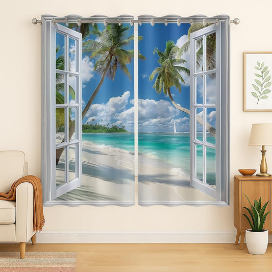 Beach Blackout Curtains for Girls Boys Teens Home Decor, Tropical Summer Scene Ocean Island Palm Tree Grommet Thermal Insulated Drapes Darkening Window Curtain for Bedroom Living Room, 42 x 63 Inch