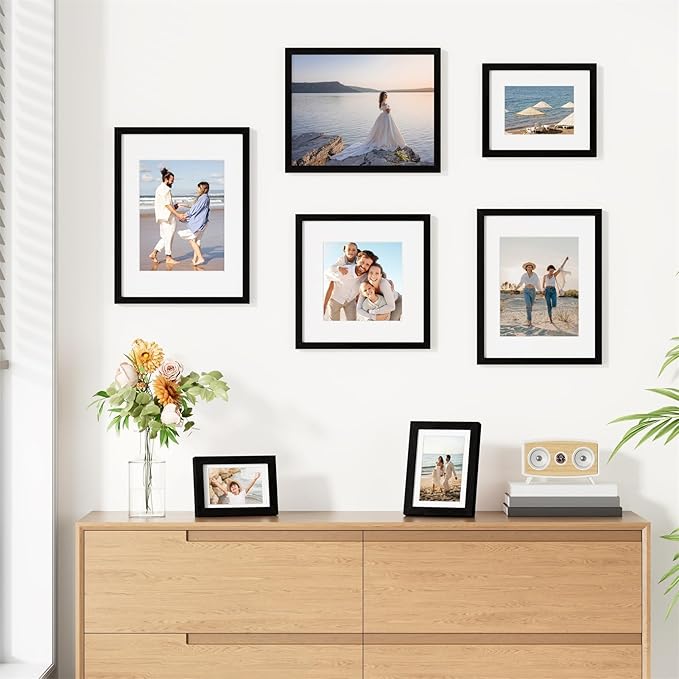 Vittanly 8x12 Picture Frames Set of 9, Shatter Resistant Plexiglass, Display 6x8 Pictures with Mat or 8x12 without Mat, Photo Frames for Wall or Tabletop, Engineered Wood, Black