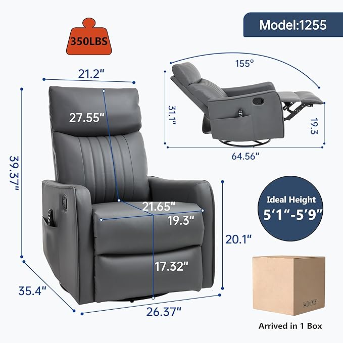 Manual Swivel Rocker Recliner Chair for Adults, Overstuffed Reclining Glider Chair for Nursing with Vibration Massage & Heat, Living Room Rocking Recliner 2-Stage backrest, Faux Leather Gray