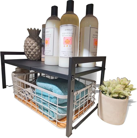 Expandable Cabinet Shelf Organizer 16-26" L Stackable Kitchen Counter Shelf Sink Rack Countertop Storage Black (Wide 10.6”D)