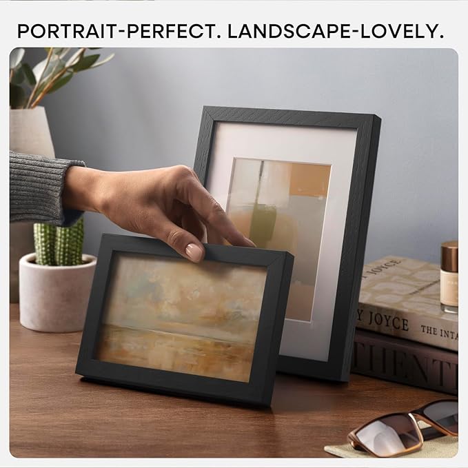Homeforia A4 Picture Frame Black Wood, High-End Oak 8.3 x 11.7 Black Poster Frames Matted to 5.8 by 8.3 Photo, 8.3x11.7 Size Wooden Frame with Mat for 5.8x8.3 Print, Tempered Glass, Wall Kit, Set of 1
