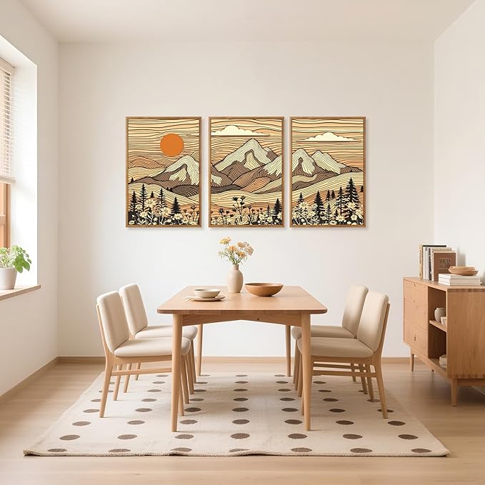 HPNIUB Mountain Framed Canvas Wall Art, Vintage Pine Tree Wall Decor, Country Wilderness Forest Wildflower Painting, Modern Nature Sun Art Prints for Living Room,Bedroom,Farmhouse- 16"x24"x3