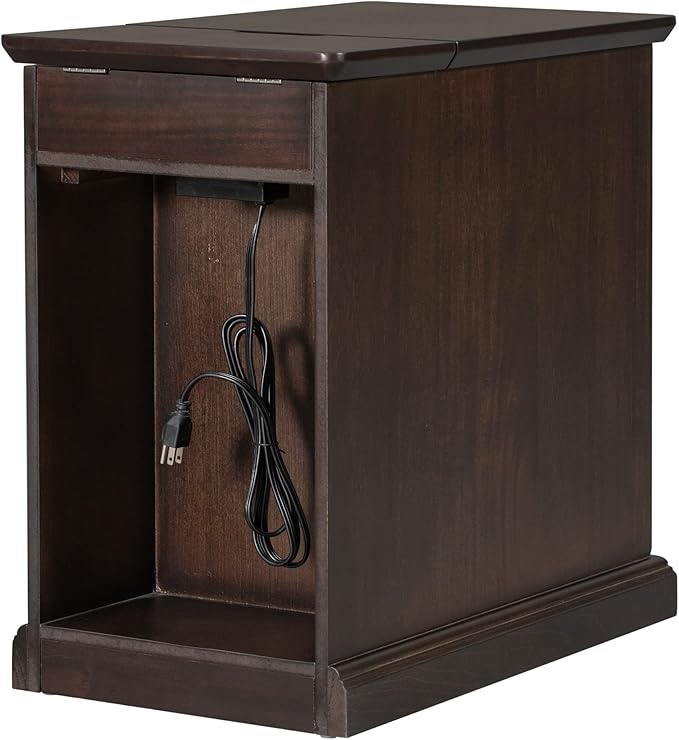 Traditional Wood End Table with Charging Station, Modern Vintage Sofa Chair Side Table Nightstand with Storage & Drawer for Living Room Bedroom, No Assembly, Antique Espresso