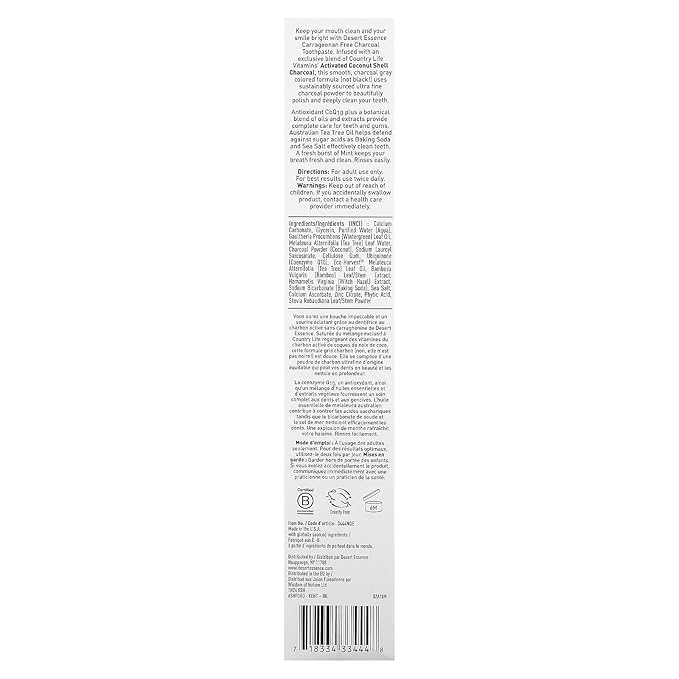 Desert Essence Activated Charcoal Toothpaste - Fluoride and Carrageenan Free - Brighter Teeth and Fresher Breath with Activated Coconut Shell Charcoal, Baking Soda, and Fresh Mint - 6.25 oz