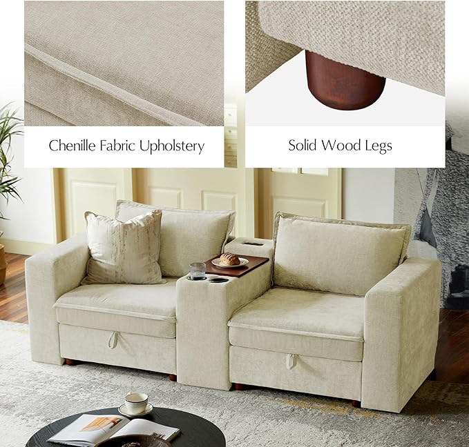 HULALA HOME 148" Modular Sectional Sofa with USB Port and Console, 4 Seater Sofa with Storage Ottoman, Oversized Sectional Couches for Living Room, FSC Certified, Beige