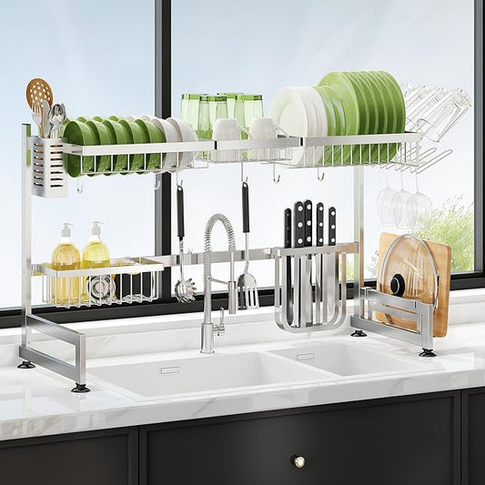 2 Tier Extra Large Stainless Steel Expandable Over The Sink Dish Drainer Drying Rack, Rust Proof Metal, Space Saving, Modern Silver Big Capacity Extendable Plate Strainers Above Kitchen Counter
