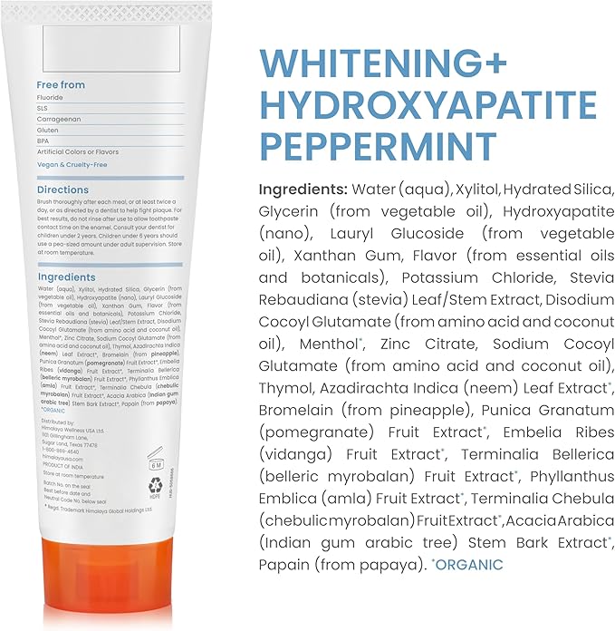 Himalaya Botanique Whitening + Hydroxyapatite Toothpaste, Peppermint - Nano Hydroxyapatite to Support Remineralization and Restore Enamel, Appropriate for Sensitive Teeth - Gluten Free, 4 oz, 4 Pack