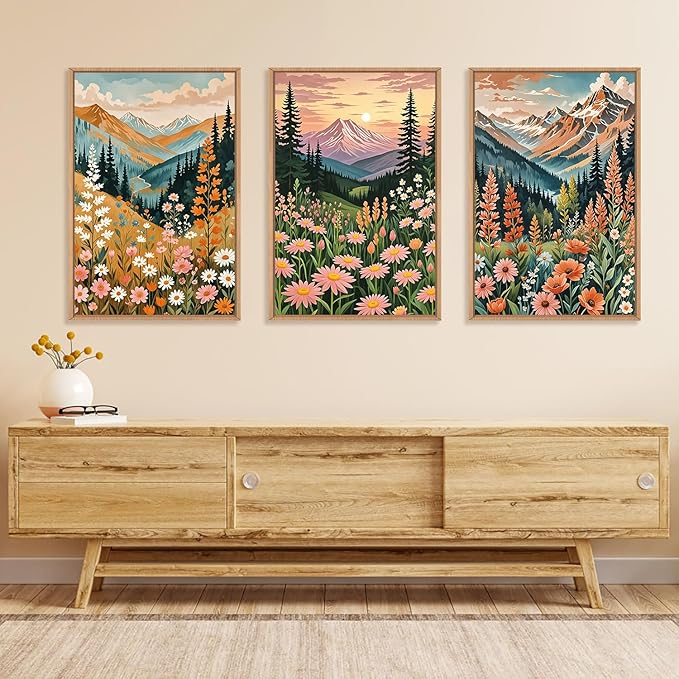 HPINUB Mountain Sunset Floral Framed Canvas Wall Art Set,Colorful Wildflower Daisy Flower Wall Decor,Boho Blossom Botanical Artwork Modern Nature Landscape Art Print for Living Room,Bedroom-16 x24 x3
