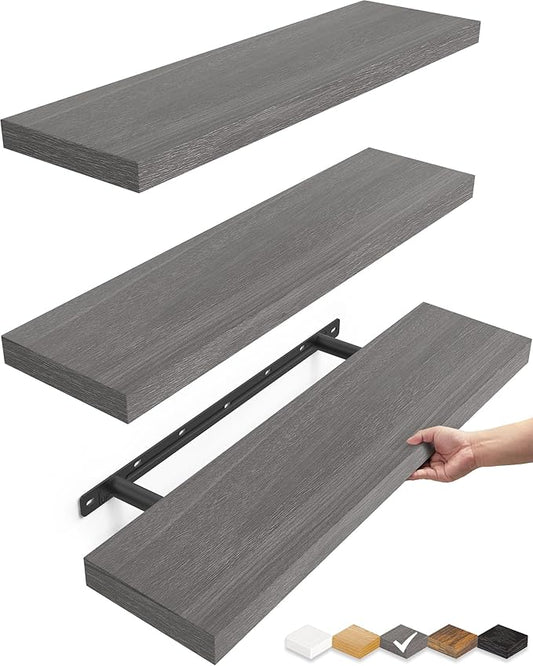 BAYKA Floating Shelves for Wall, 22.5 inches Wall Mounted Rustic Wood Shelves for Bathroom, Bedroom, Living Room, Floating Shelves for Books/Storage/Decor (Grey,Set of 3)
