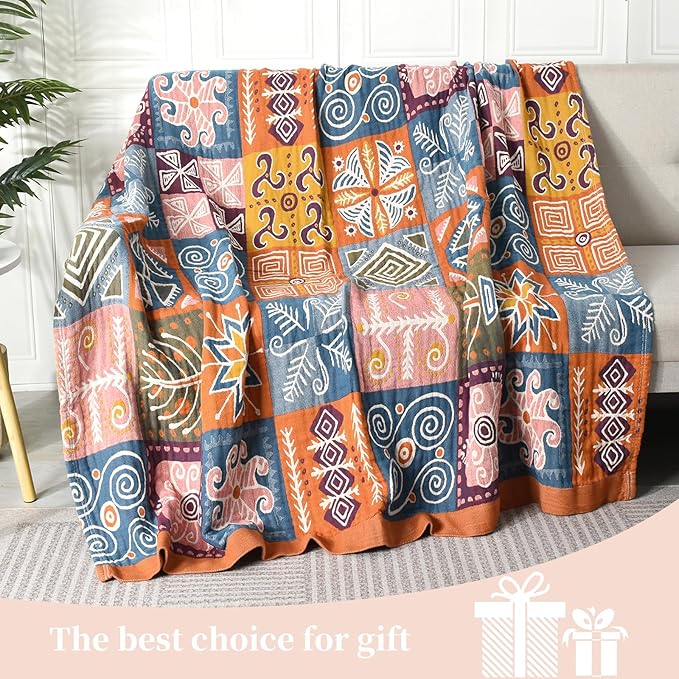 Boho Throw Blanket for Bed - 100% Pure Cotton Ultra Soft Rustic Quilt - Farmhouse Decor Bed Blankets, All Season Rustic Throw for Sofa Couch Chair(80''x 90'', Art Squares)