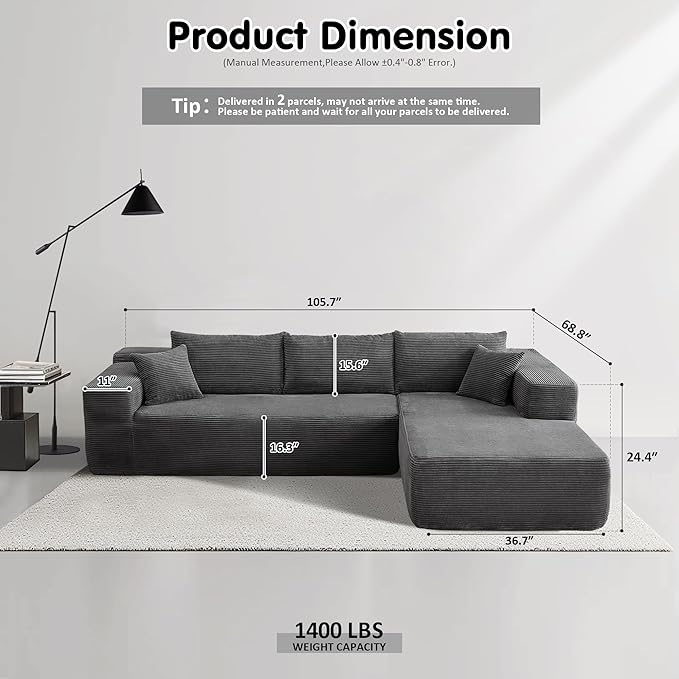 ovios 104" Cloud Sectional Couch with L-Shape Chaise,Modern Modular Sofa with Deep Seat, Upholstered Couches for Living Room Bedroom,No Assembly Required, Grey (Corduroy Fabric)