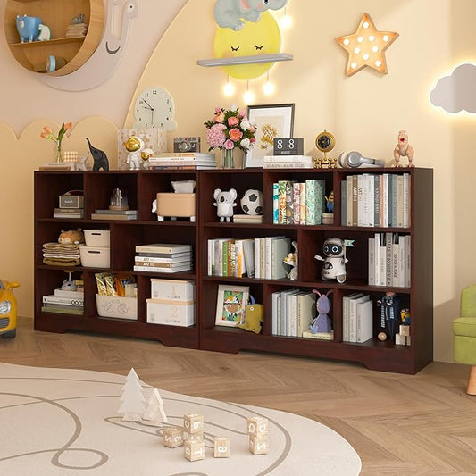 Book Shelf Set of 2, 8 Cubes Storage Organizer, 3-Tier Open Bookshelf Wooden Bookcase, Freestanding Cherry Bookshelf Cube Shelf for Living Room