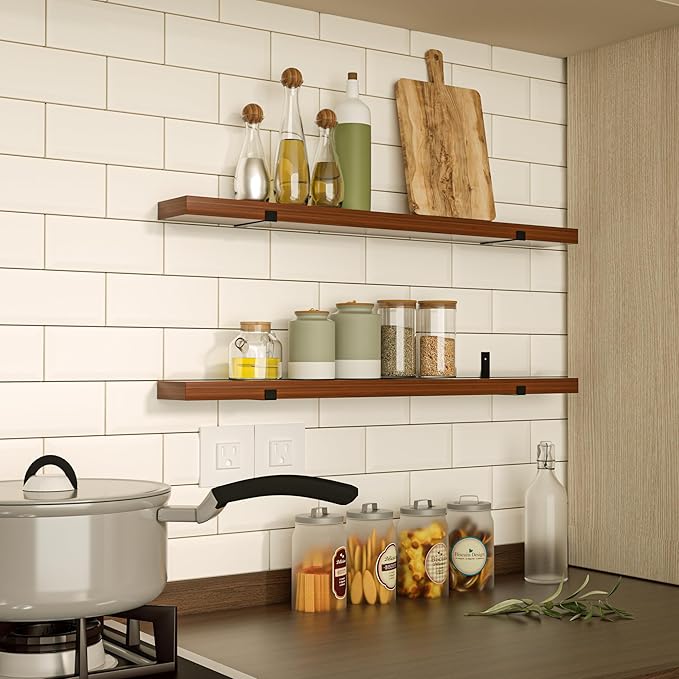 CONSDAN Floating Shelves for Wall Mounted Book Shelf Hanging Shelves Floating Bookshelf for Bedroom, Bathroom, Living Room, Kitchen USA Grown Solid Hardwood, Dark Maple 16x7.5x1.5 in (Set of 3)