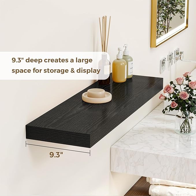 36 Inches Floating Shelves for Wall, 9.3" Deep Long Floating Shelves Set of 2, Large Display & Storage Shelf, Wall Shelf for Bathroom Bedroom Living Room Kitchen Office, Black