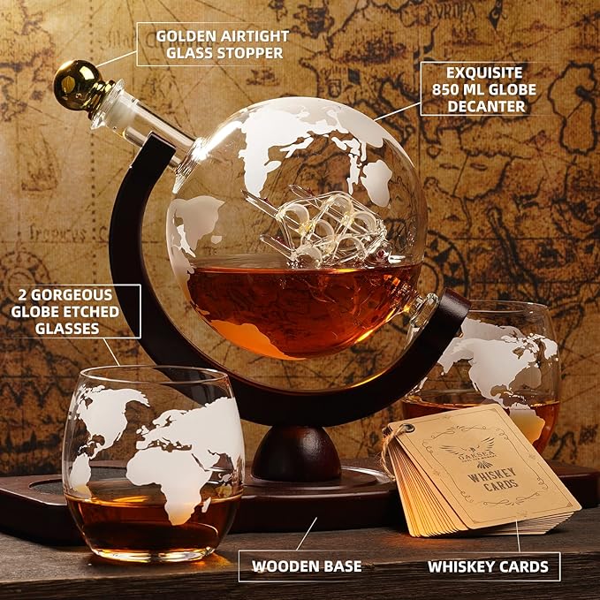 Gifts for Men Dad Husband from Wife Daughter Son, Unique Christmas Anniversary Birthday Gifts for Him, Whiskey Decanter Globe Set with 2 Glasses, Bourbon Scotch Liquor Cool Stocking Stuffers Presents