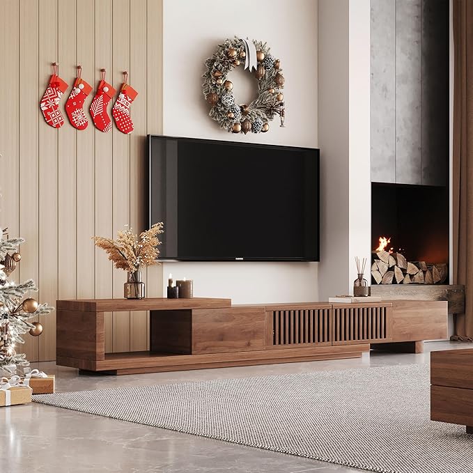 Mid Century Modern TV Stand for 75+ Inch TVs, Extendable Media Console (78"-103") with Ample Storage - Sleek Walnut Entertainment Center for Living Room