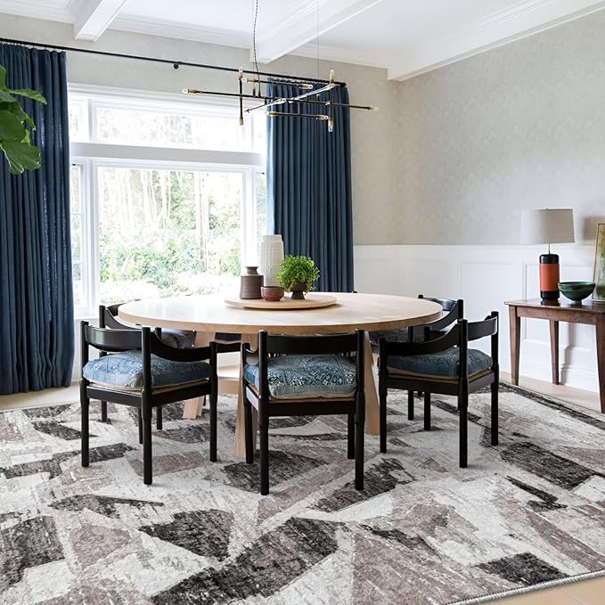 Modern Abstract 6X9 Area Rug for Living Room Bedroom Washable, with Non-Slip Rubber Backing Print Faux Wool Thin, Grey Throw Large Carpet for Kids Playroom Dining Room Pet & Child Friendly