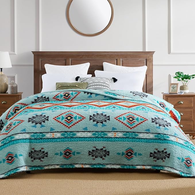 CASAAGUSTO Boho Sherpa Throw Blanket, Aztec Queen Blanket, Ultra Soft, Warm, Cozy, Plush, Thick Fleece Bohemian Throw Blanket for Couch, Bed, Sofa (Aqua 90 * 90 Inch)