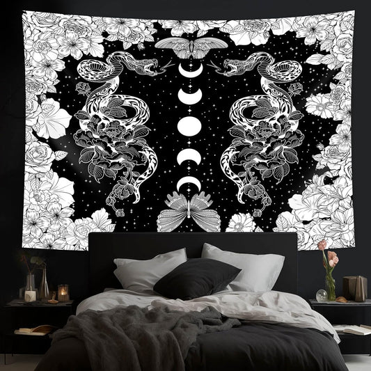 dueeia Moon Phase Witchy Tapestry Wall Hanging Snake Witch Occult Black and White Dark Tapestries for Bedroom Aesthetic Living Room Wall Decor (28.7"x37.4")