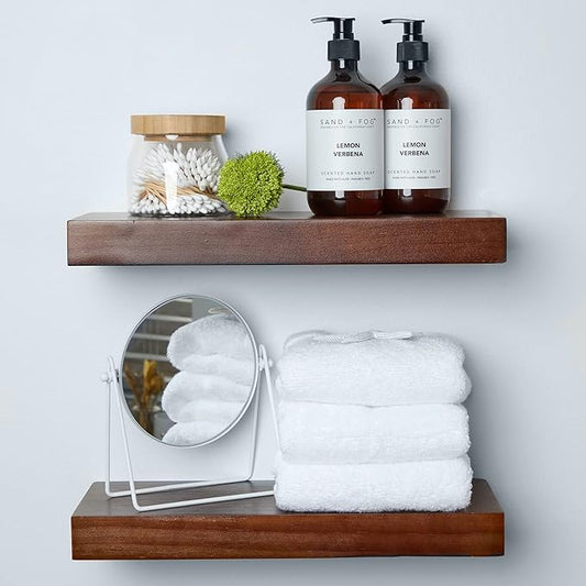 Homeforia Walnut Floating Bathroom Shelves, High End Solid Real Wood 16 inch Small Floating Shelf for Wall Mounted, Dark Brown 16inch Floating Shelves, Heavy Duty Bracket, 16 X 6.5 X 1.75 in, Set of 2