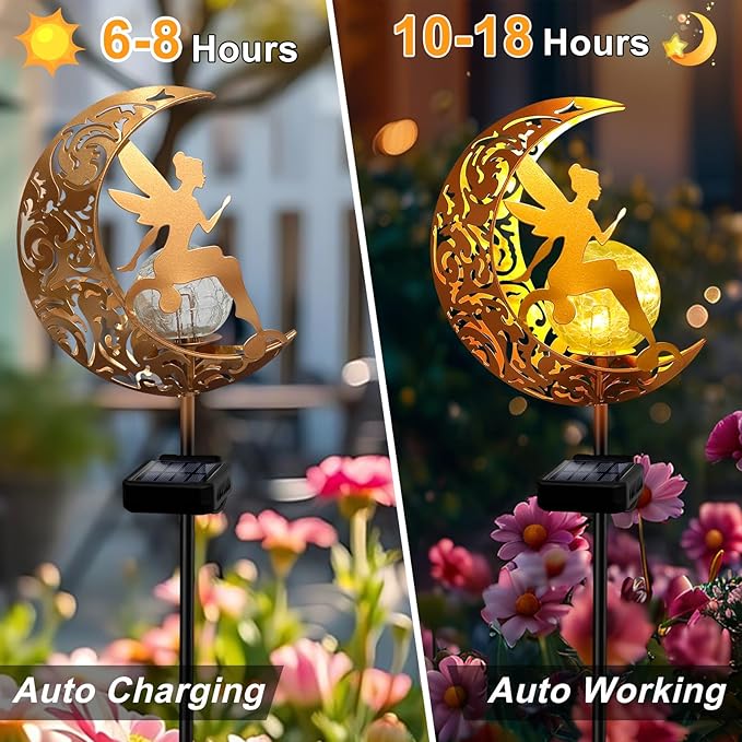 YJFWAL 2 Pack Garden Solar Lights Pathway Stake Lights Moon Fairy Glass Globe with Angel Decor, Gardening Birthday Gift for Mom Grandma Friends, Outdoor Decor Light Waterproof for Walkway, Yard, Patio