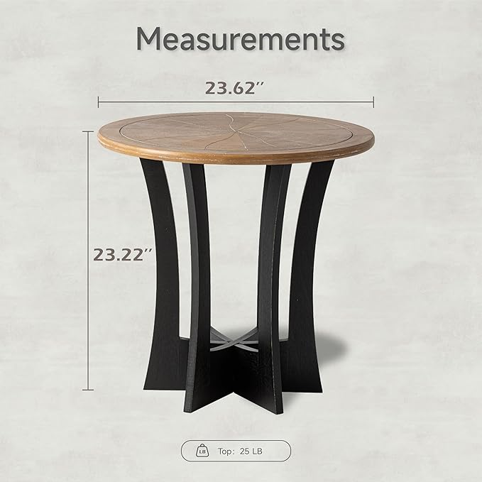 Farmhouse Round End Table X 2P with Criss-Cross Wood Legs, Rustic French Country Side Table for Dinning or Living Room, Modern, Black, Natural Wood, 23.62’’W*23.62’’D*23.22’’H