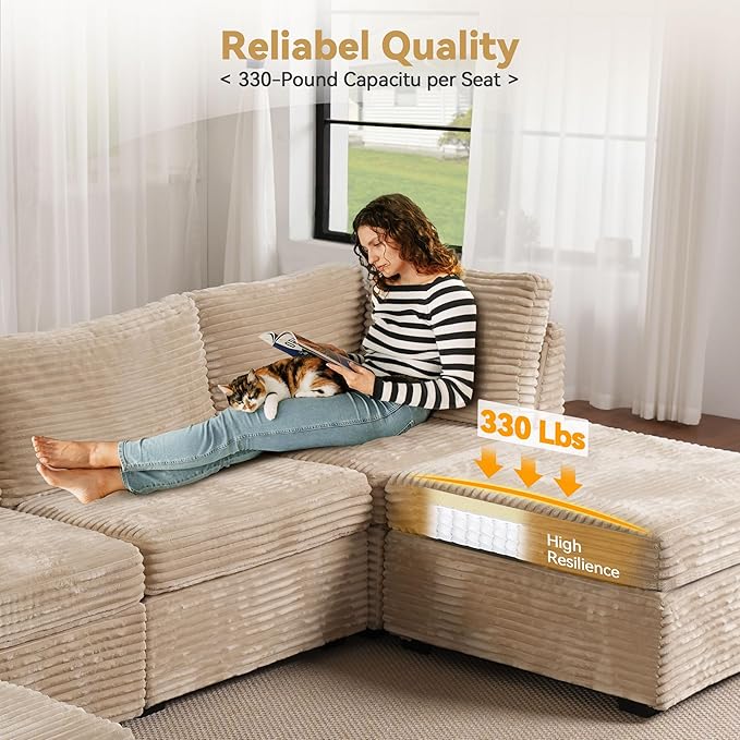Modular Sectional Sofa with Chaise U Shaped Sectional Couch for Living Room, 5-Seater Comfy Cloud Couches, Plush Corduroy, Beige