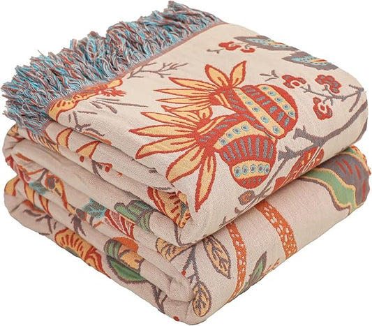 Boho Throw Blanket for Bed-Soft Cotton Rustic Quilt 80"×90",Floral Printed Farmhouse Decor Muslin Bed Blankets for Sofa Couch Chair, Seasons