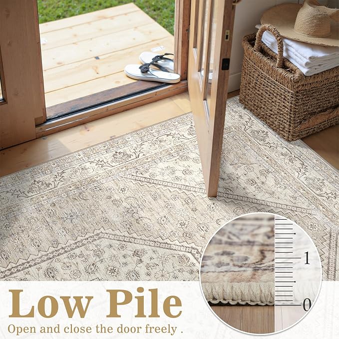 DCX Machine Washable Brown and Beige Area Rug 8x10, Non Slip Stain Resistant Vintage Floral Rug for Living Room Bedroom Nursery, Soft Low Pile Large Carpet