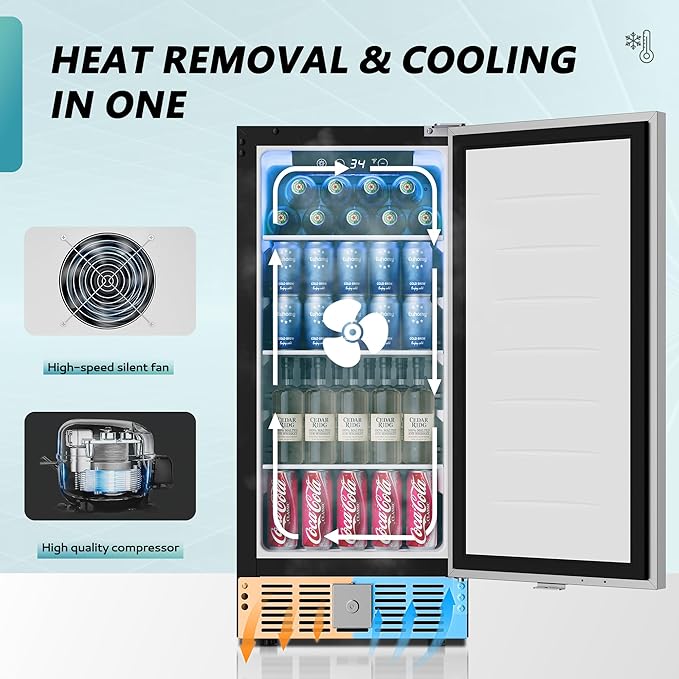 EUHOMY Beverage Refrigerator 15 Inch, Under Counter 127 Can Beverage Fridge with Stainless Steel Door, Beverage Cooler Built-in and Undercounter Drink Fridge - Soda Cola