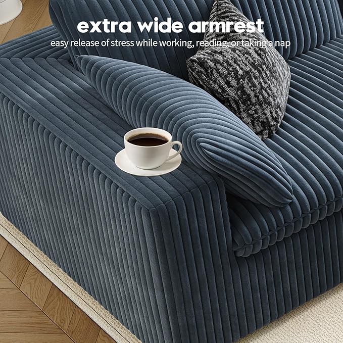 118" Cloud Couch Modular Sectional Sofa for Living Room,Modern Sofa with Deep Seat，L-Shape Boneless Couch with Ottoman,Comfy Upholstered Corduroy Couches for Apartment, Studio, Office,Bedroom，Blue