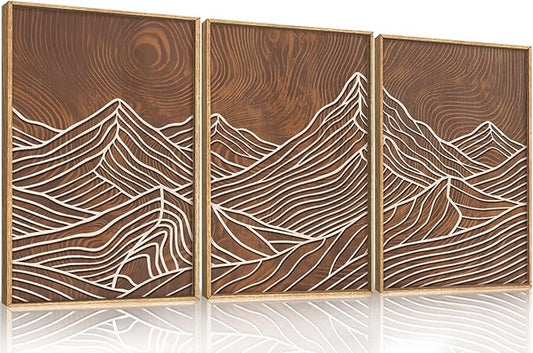 HPINUB Line Style Mountain Framed Canvas Wall Art Set, Vintage Tree Rings Wall Decor, Abstract Tree Spiral Wall Painting, Modern Nature Art Prints for Living Room,Bedroom,Farmhouse-16 x24 x3