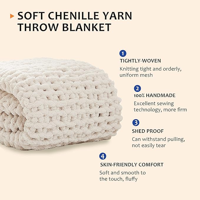 L'AGRATY Chunky Knit Blanket Throw,Soft Chenille Yarn Throw 50x60，Handmade Thick Cable Knit Crochet Blanket, Large Rope Knot Throw Blanket for Couch Home Decor
