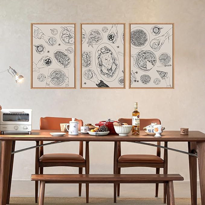 HPINUB Vintage Food and Drink Framed Canvas Wall Art Set,Sketch Pizza Cheers Wall Decor,Thanksgiving Dinner Turkey Artwork,Black and white Art Prints for Kitchen,Dining Room,Gatherings Decor-16"x24"x3