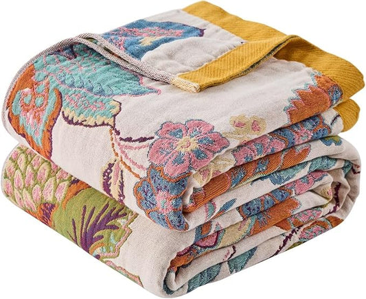 Boho Throw Blanket for Couch,100% Cotton Summer Blanket for Bed, Ultra Soft Rustic Quilt for Bed, Home Decor, Boho Picnic Blankets with Pomegranate for All Seasons 60"x80"