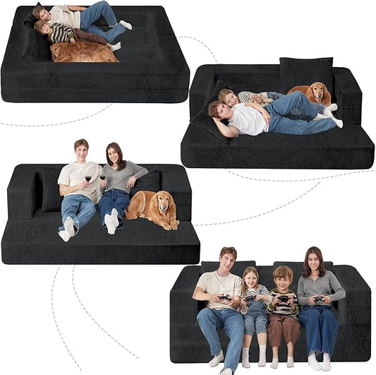 Folding Bean Bag Chair for Adults,3-in-1 Bean Bag Couch Faux Fur Floor Sofa Large Beanbag Convertible Bean Bag Sofa Bed with Pillow in Bedroom,Living Room,Apartment(Queen,Black)