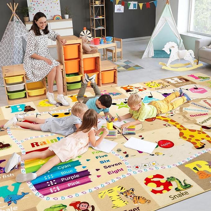 Kids Rugs for Playroom Washable, Educational and Fun Learning Rugs with ABC Alphabet Animals Shapes, Baby Toddler Children's Play Mat for Bedroom Classroom Nursery, 5x7 Feet, Beige and Pink