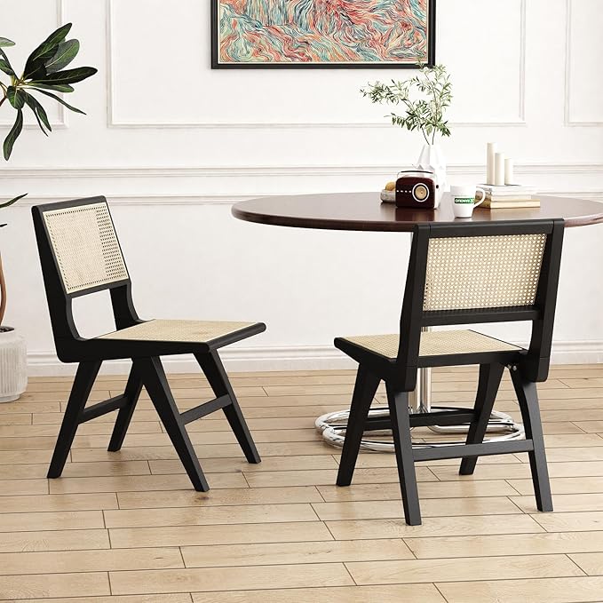 Accent Chair Dining Chairs Set of 2, Solid Wood Frame Boho Rattan Chair, Mid Century Modern Accent Chairs for Living Room Bedroom Dining Room Kitchen(Black)