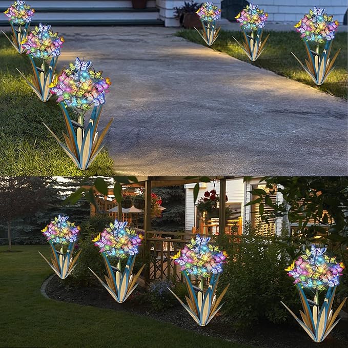 Homight Solar Metal Agave Butterfly Flower Stick Garden Sculpture - Outdoor Christmas Lights With Swaying Butterfly Sunflower - Solar Outdoor Gift (3 PCS Blue)