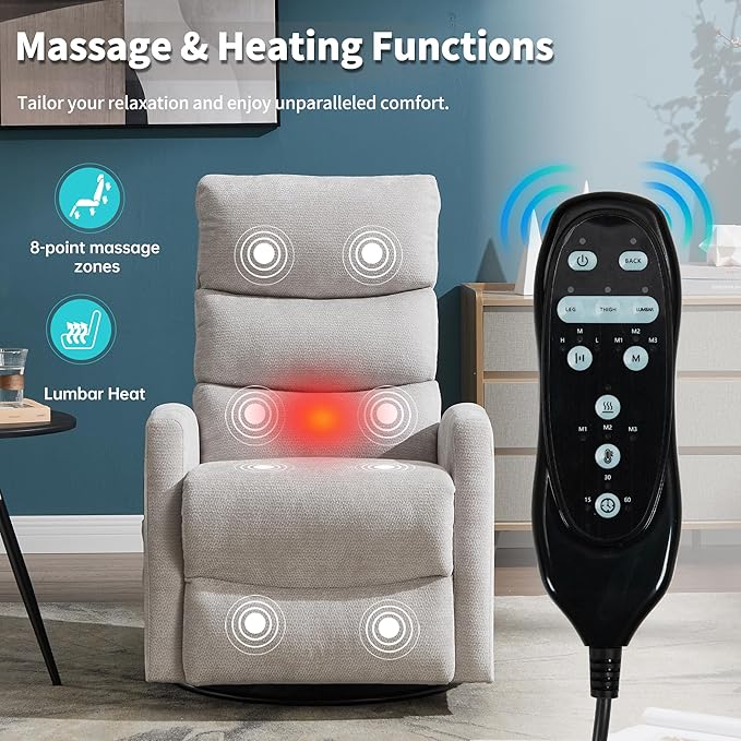 Manual Swivel Rocker Recliner Chair for Adults, Overstuffed Reclining Glider Chair for Nursing with Vibration Massage & Heat, Living Room Rocking Recliner 3-Stage backrest, Chenille Fabric Light Gray