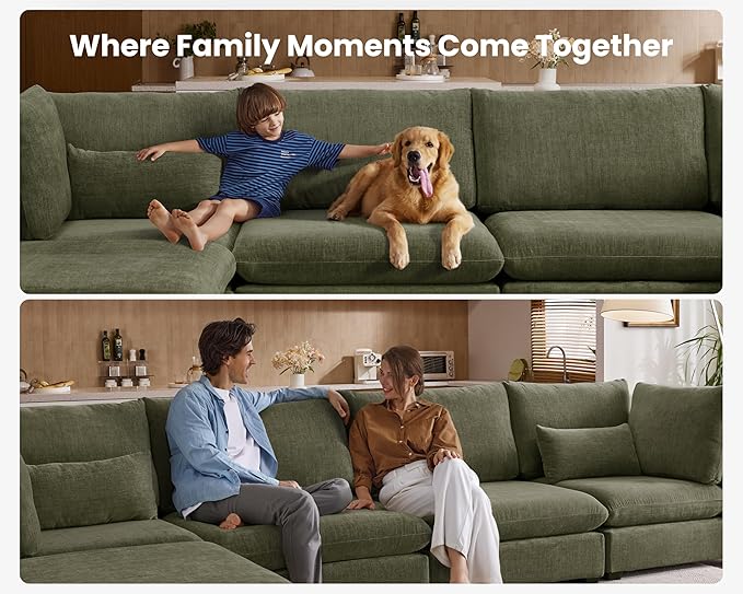 Oversized Modular Sofa, Extra Deep Cloud Chenille Sectional Couch with Ottoman Chaise, Fluffy Chenille 4 Seater Sofa for Living Room, Villa (Basic 4 Seater, Chenille Green)