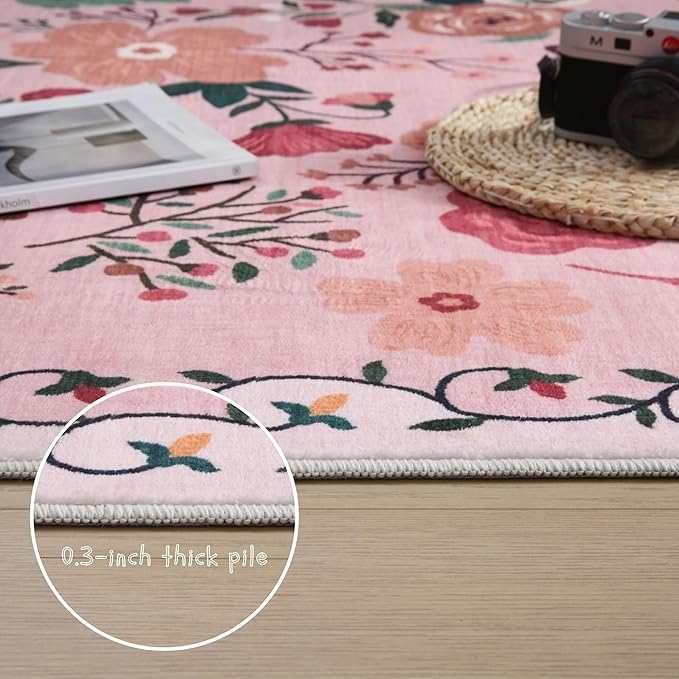 Round Rug 4ft Washable Circle Rug Non Slip Low Pile Boho Floral Small Circular Rug for Bedroom, Bathroom, Entryway, Kids Room, Office, College Dorm(Pink)