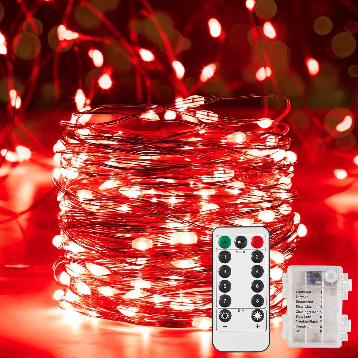 1 Pack 16.4 Ft. Battery Operated Outdoor String Lights with Remote & Timer, LED Red Fairy Lights, Waterproof Twinkle Lights for Bedroom, Dorm, Mason Jar, Wedding, Party, Christmas