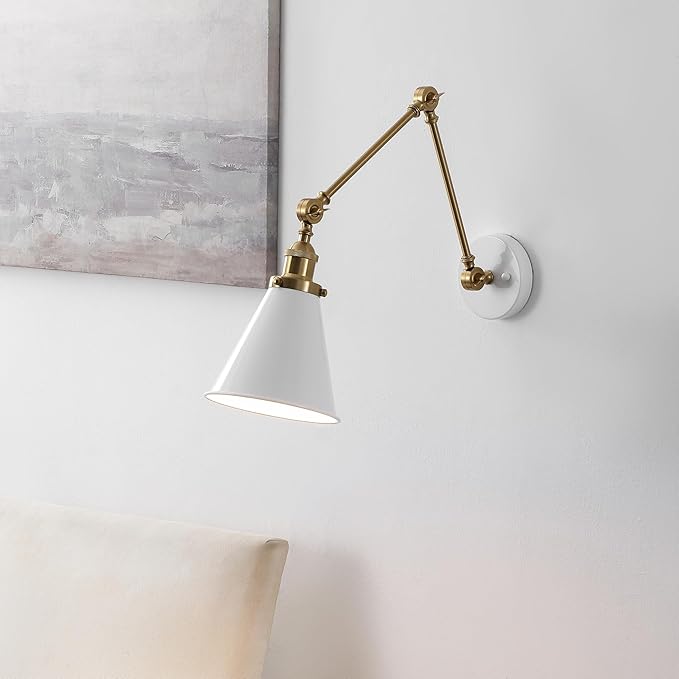 JONATHAN Y JYL7462B Rover 7" Classic Industrial Metal Adjustable Arm LED Wall Sconce, White/Brass Gold for Bedroom, Bathroom, Vanity