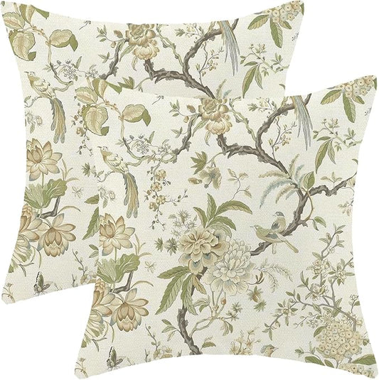 CXMEIFLY Spring Floral Birds Pillow Covers 18 x 18 Inch Set of 2 for Chinoiserie Flowers Decor Throw Pillows Sage Green Plant Outdoor Decorative Cushion Cases for Couch Bed Decorations