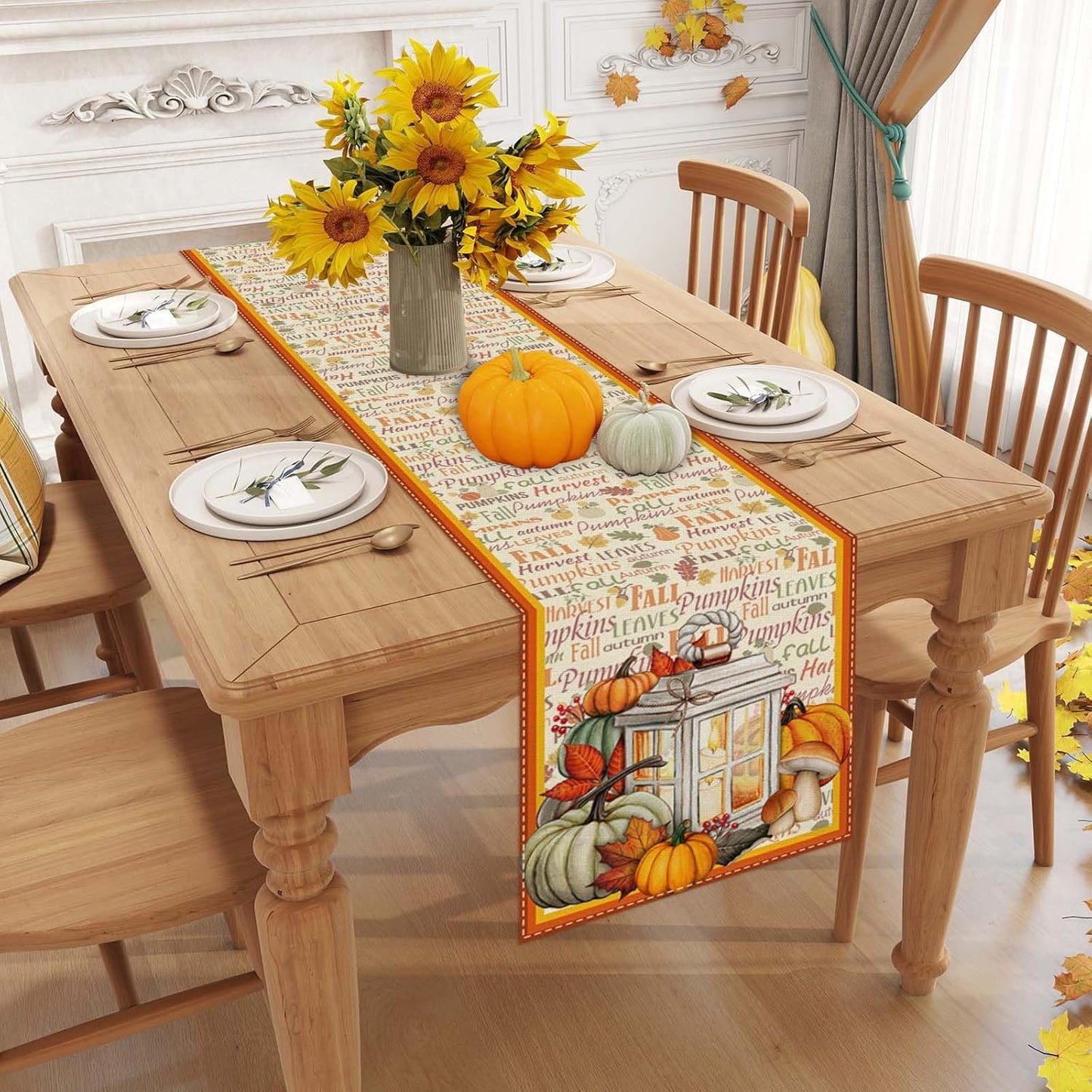 Linen Fall Table Runner - 120 Inch Farmhouse Leaves Pumpkin Table Decor - Autumn Thanksgiving Home Kitchen Dining Room Decorations