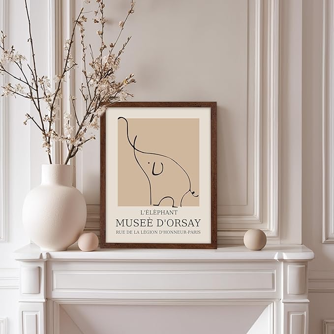 Poster Master Vintage Poster - Retro Minimalist Print - Gift for Artist, Housewarming - Elephant, Line Drawing, Sketch, Abstract - Wall Decor for Living Room, Bedroom, 8x10 Brown Framed