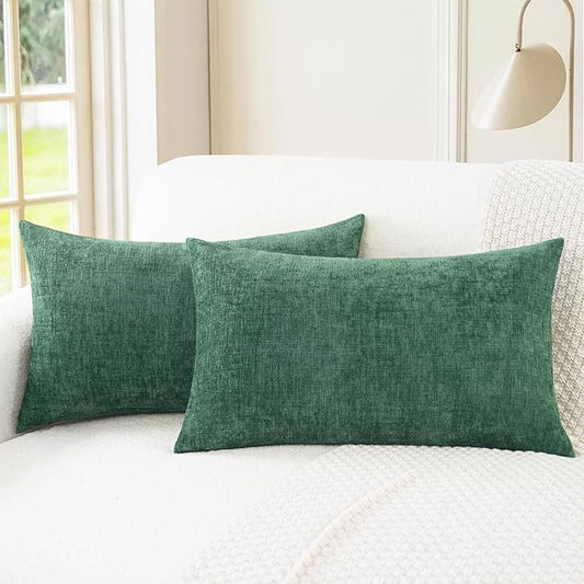 CaliTime Throw Pillow Covers Decorative 12 X 20 Inches Pack of 2 Cozy Chenille Cushion Cases for Couch Sofa Bed Living Room Home Dark Green