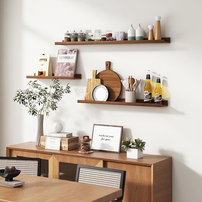 Pine Wood Rustic Floating Ledge Shelves Set of 3, 16 inches Width - Solid Pine, Walnut Finish - Kids' Room to Living Room Wall Decor